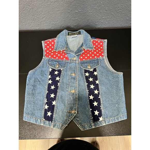 Logo Club Jackets & Blazers - VTG Womens Denim Vest 90s Y2K American Flag Stars Stripes Size MEDIUM Logo Club